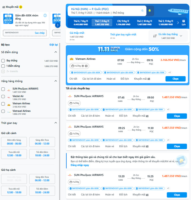 Traveloka giúp bạn so sánh các loại vé máy bay